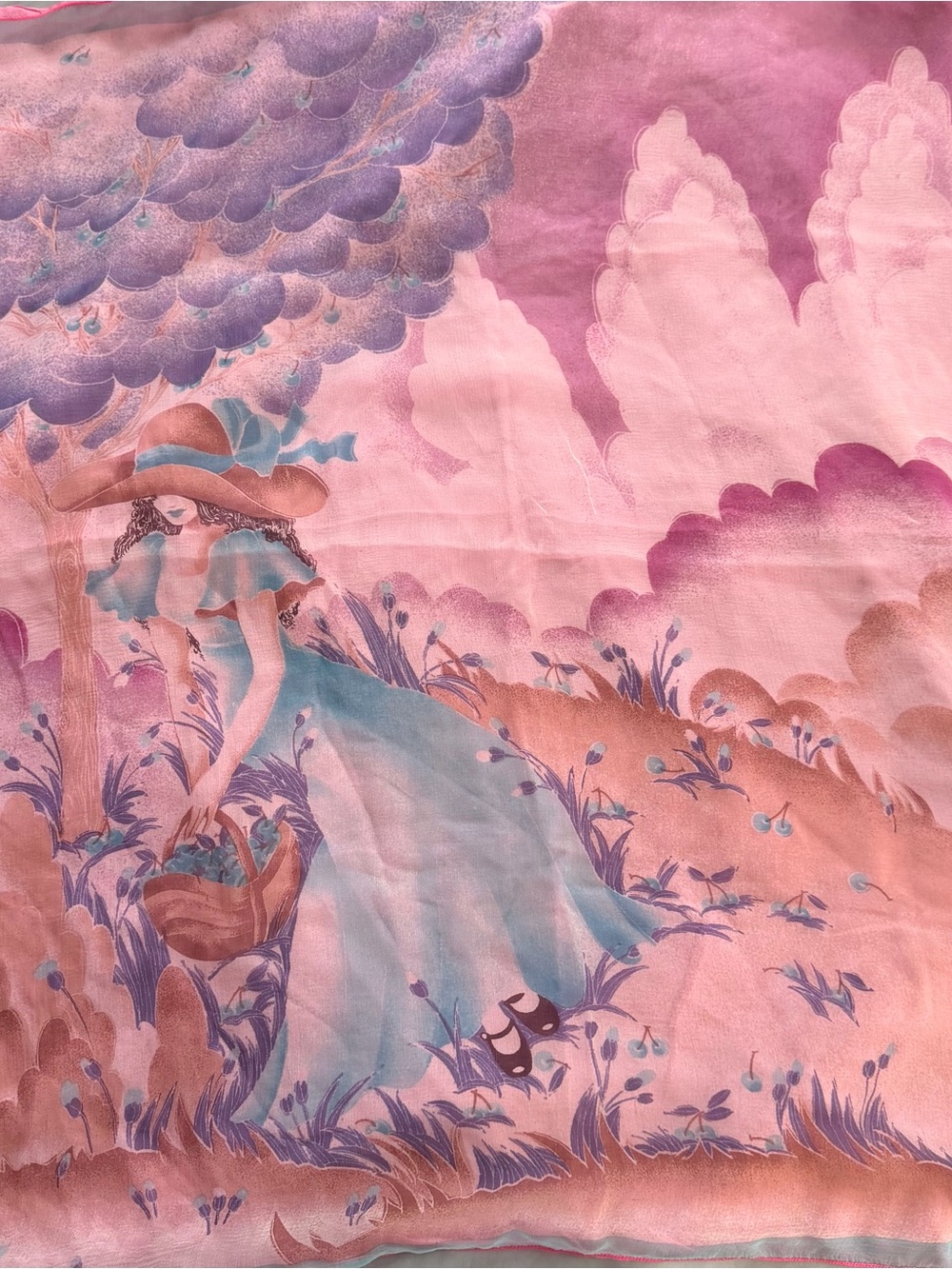 Silky Pink & Blue Scenic Print Scarf